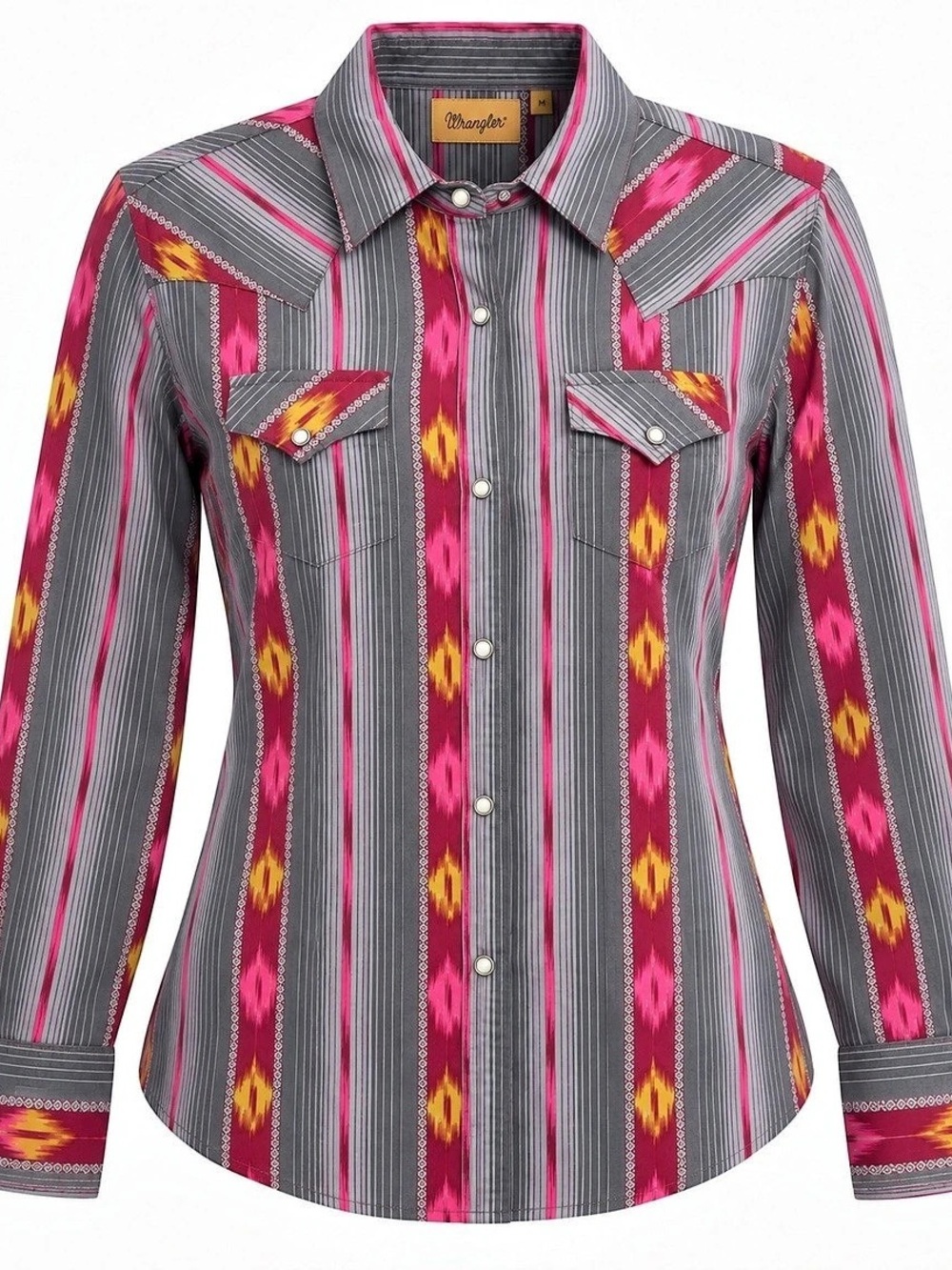 Wrangler Western Aztec Pearl Snap Shirt Pink Gray M